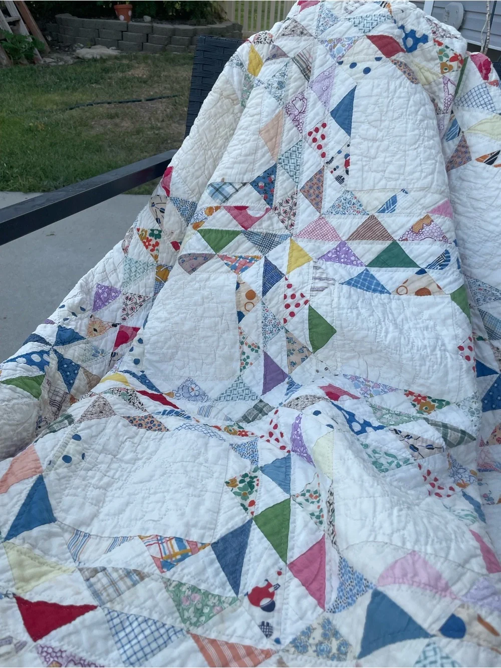 Vintage Feedsack Ocean Wave Quilt Hand Quilted 82x70 Cottage Farmhouse